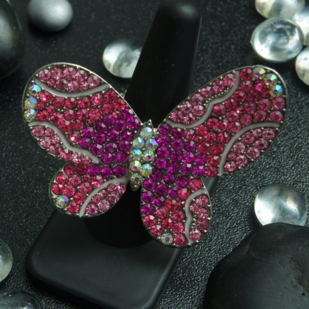 Fashion Pink Butterfly Bling Stretch Ring OS